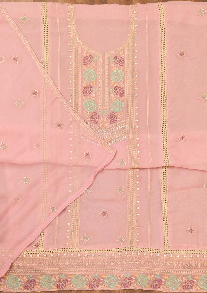 Peach Threadwork Georgette Unstitched Salwar Suit