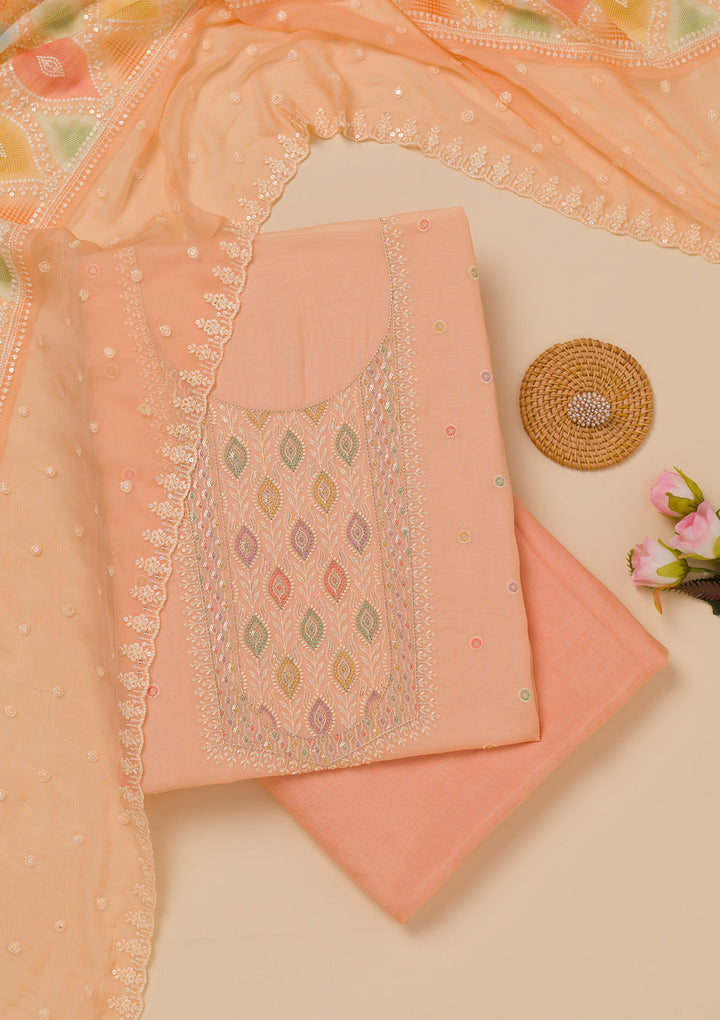 Peach Threadwork Georgette Unstitched Salwar Suit