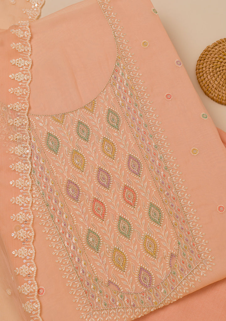 Peach Threadwork Georgette Unstitched Salwar Suit