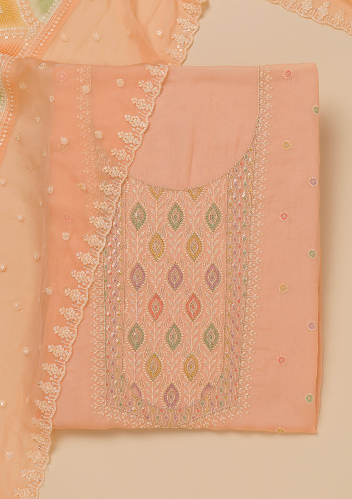 Peach Threadwork Georgette Unstitched Salwar Suit