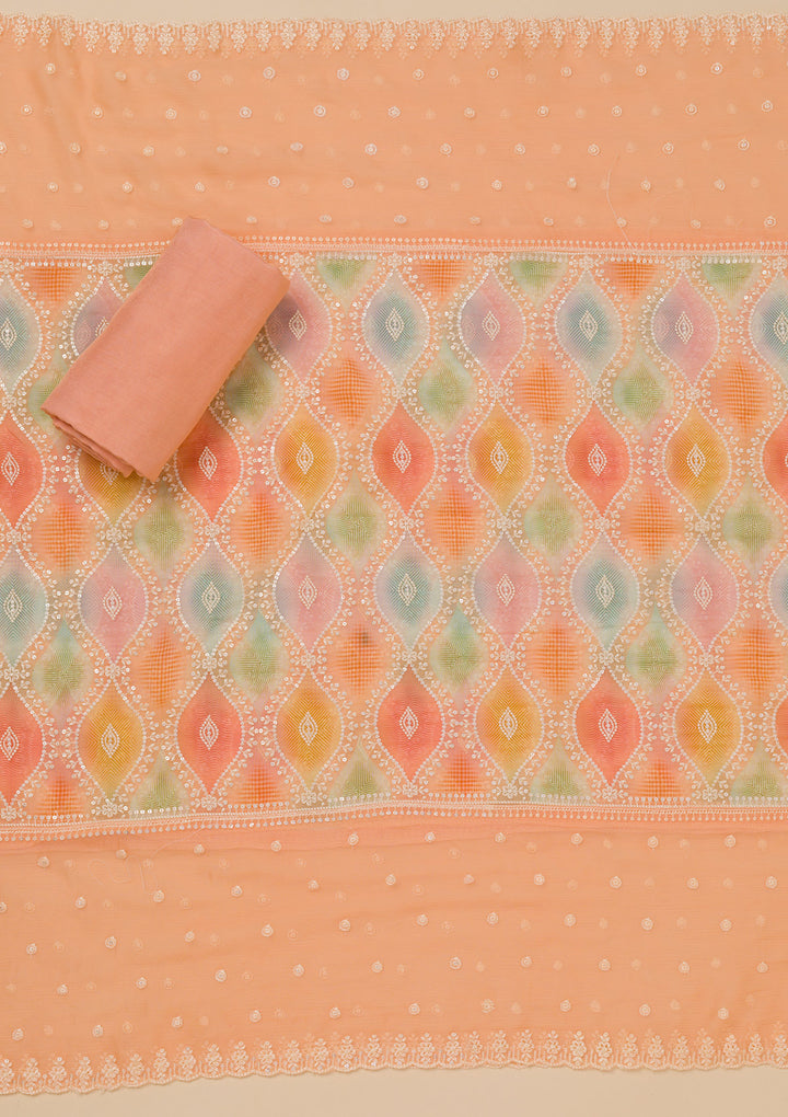 Peach Threadwork Georgette Unstitched Salwar Suit