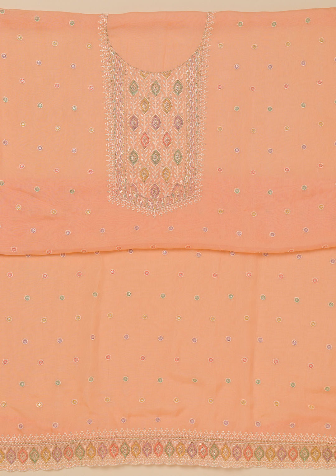 Peach Threadwork Georgette Unstitched Salwar Suit