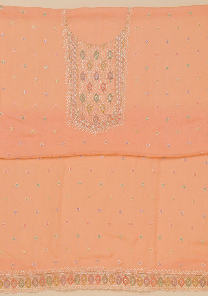 Peach Threadwork Georgette Unstitched Salwar Suit