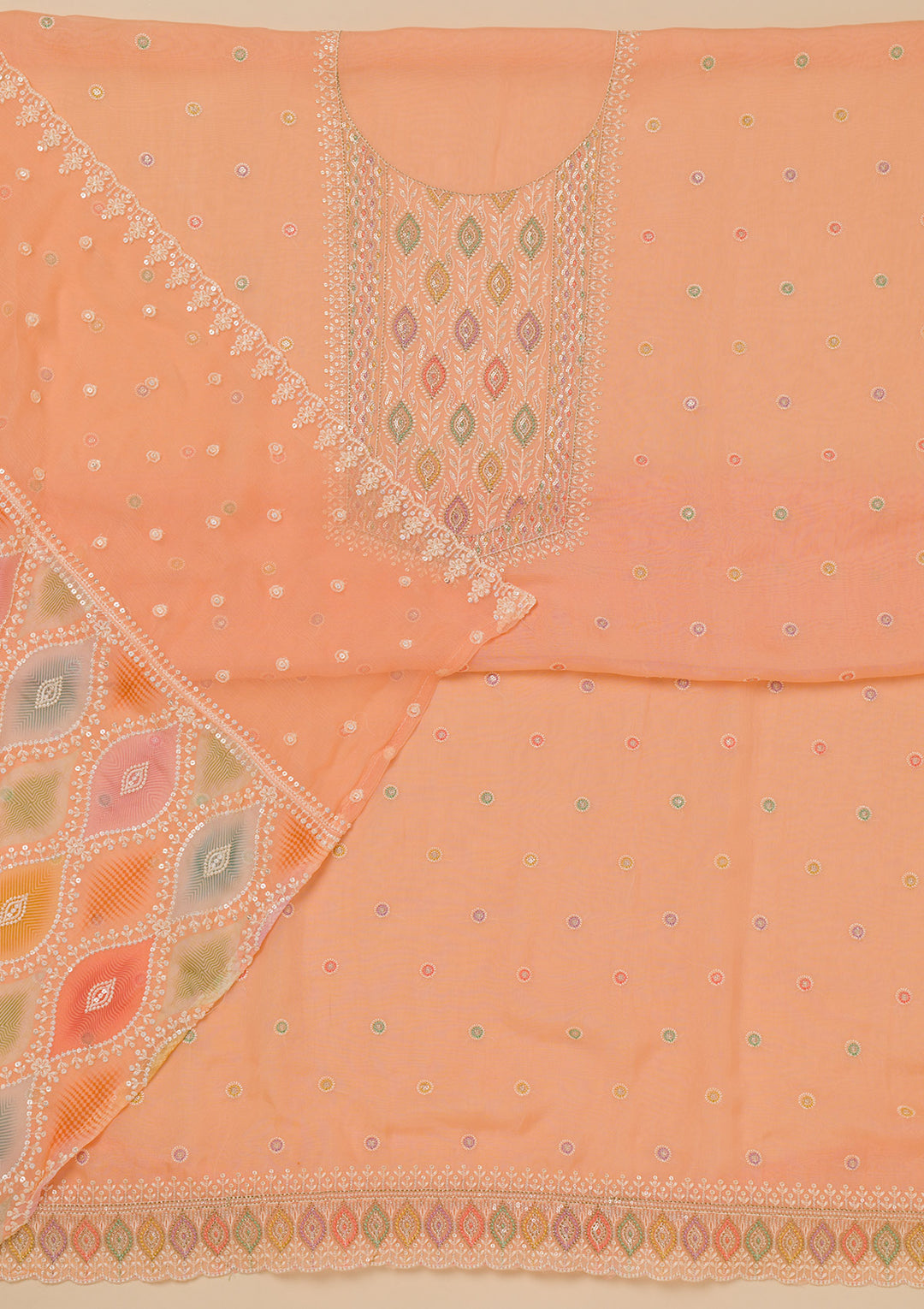 Peach Threadwork Georgette Unstitched Salwar Suit