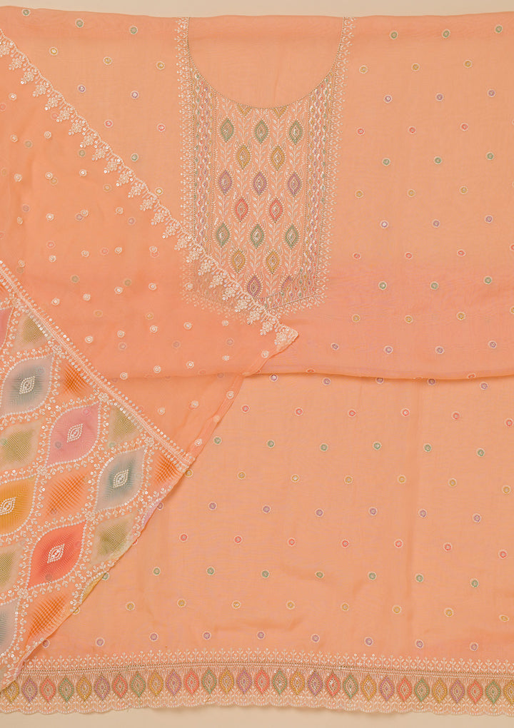 Peach Threadwork Georgette Unstitched Salwar Suit