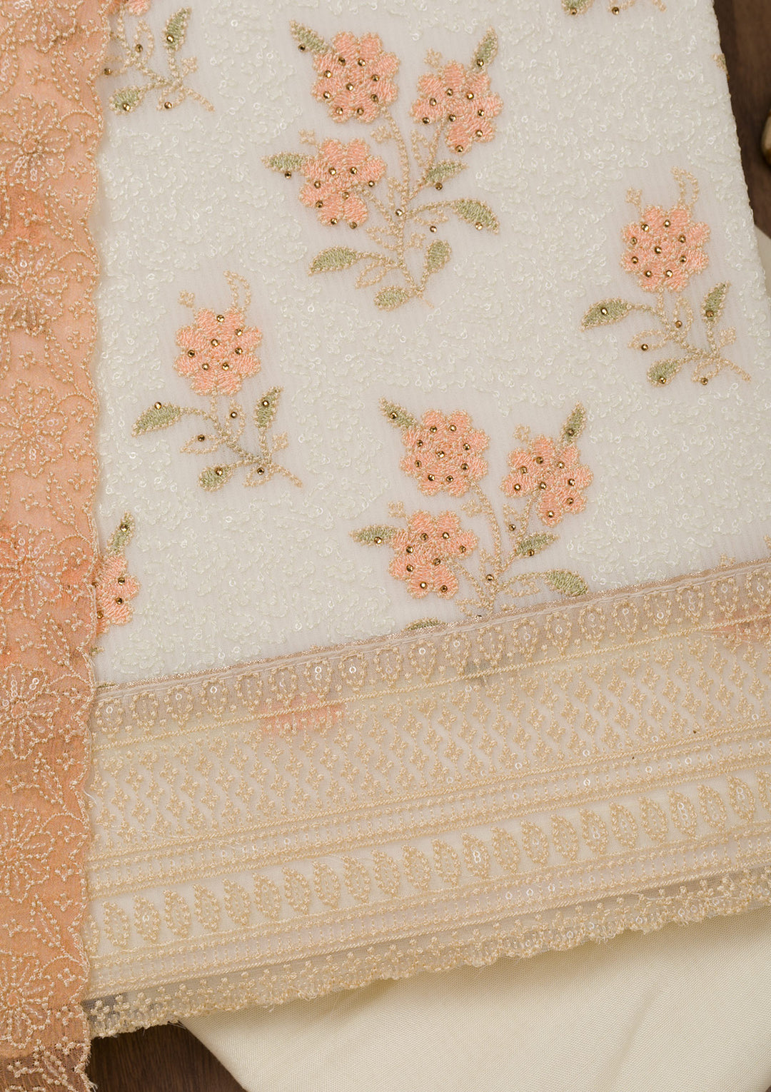 Peach Threadwork Georgette Unstitched Salwar Suit