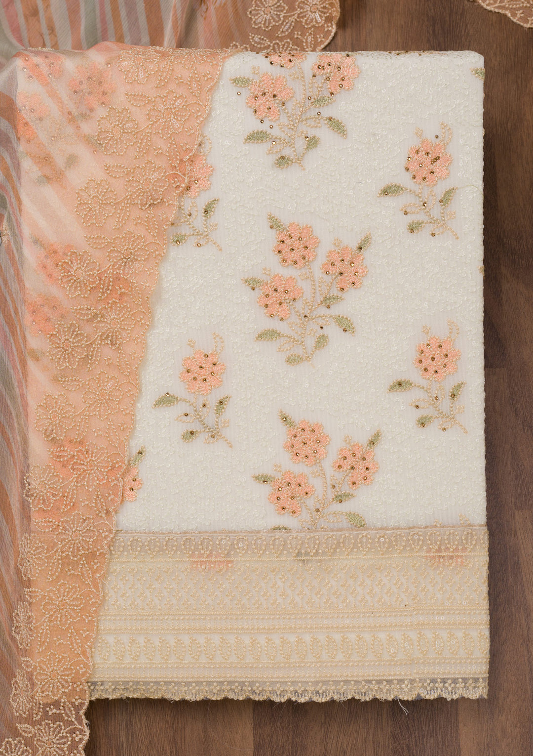 Peach Threadwork Georgette Unstitched Salwar Suit