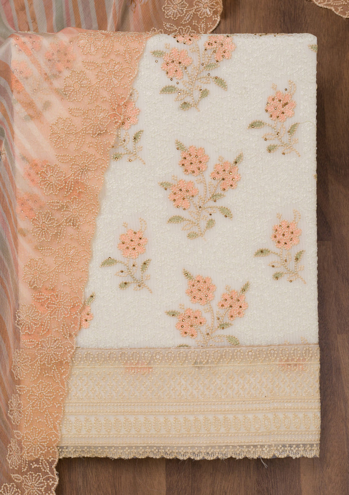 Peach Threadwork Georgette Unstitched Salwar Suit