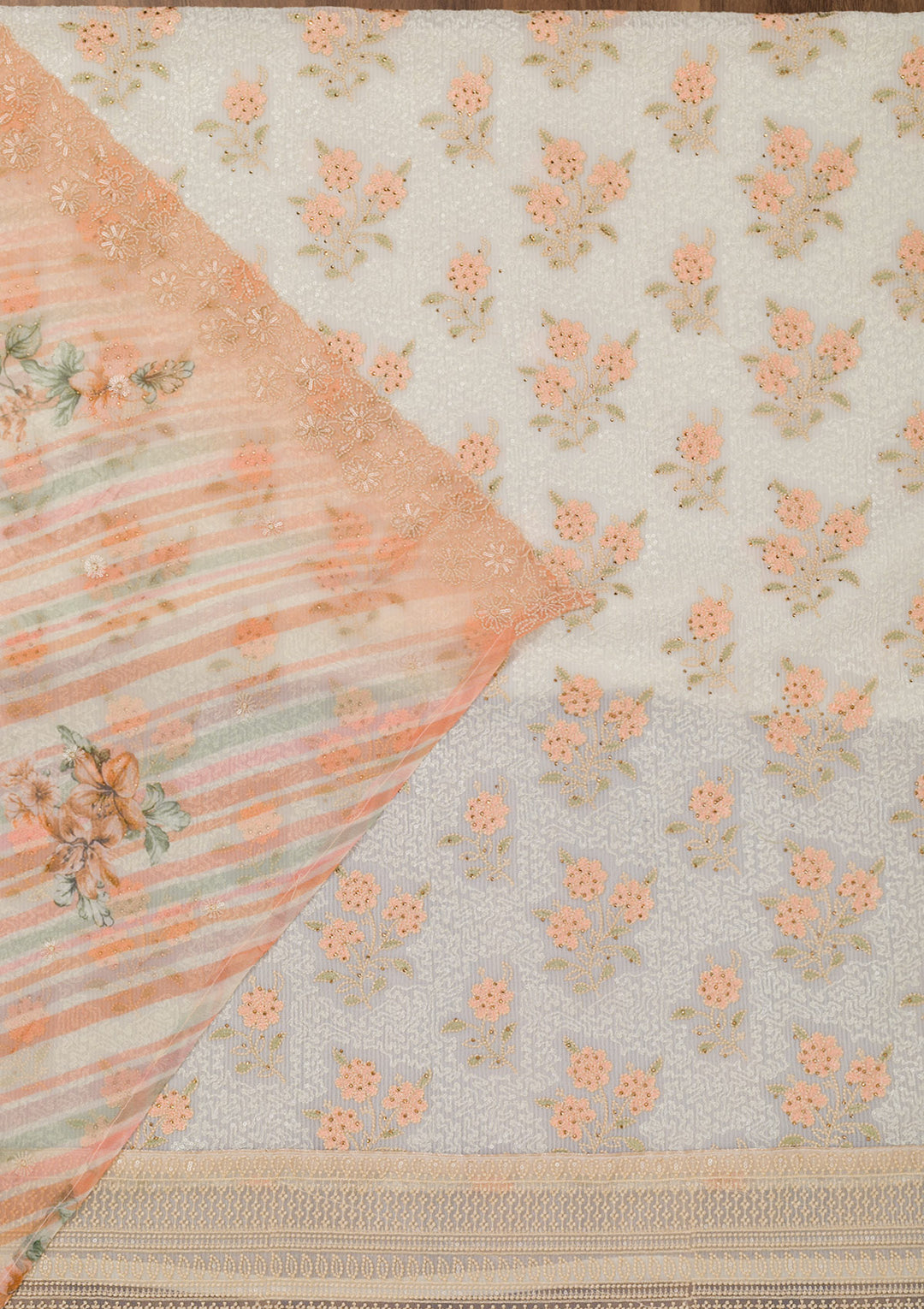 Peach Threadwork Georgette Unstitched Salwar Suit