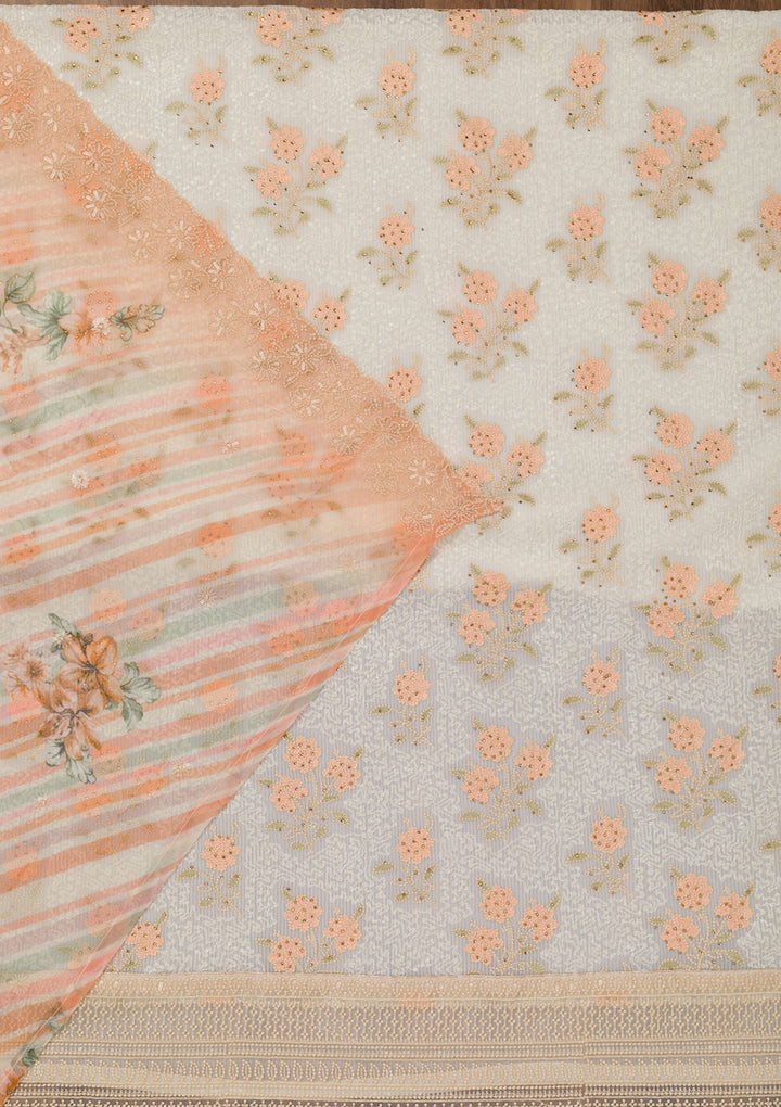 Peach Threadwork Georgette Unstitched Salwar Suit