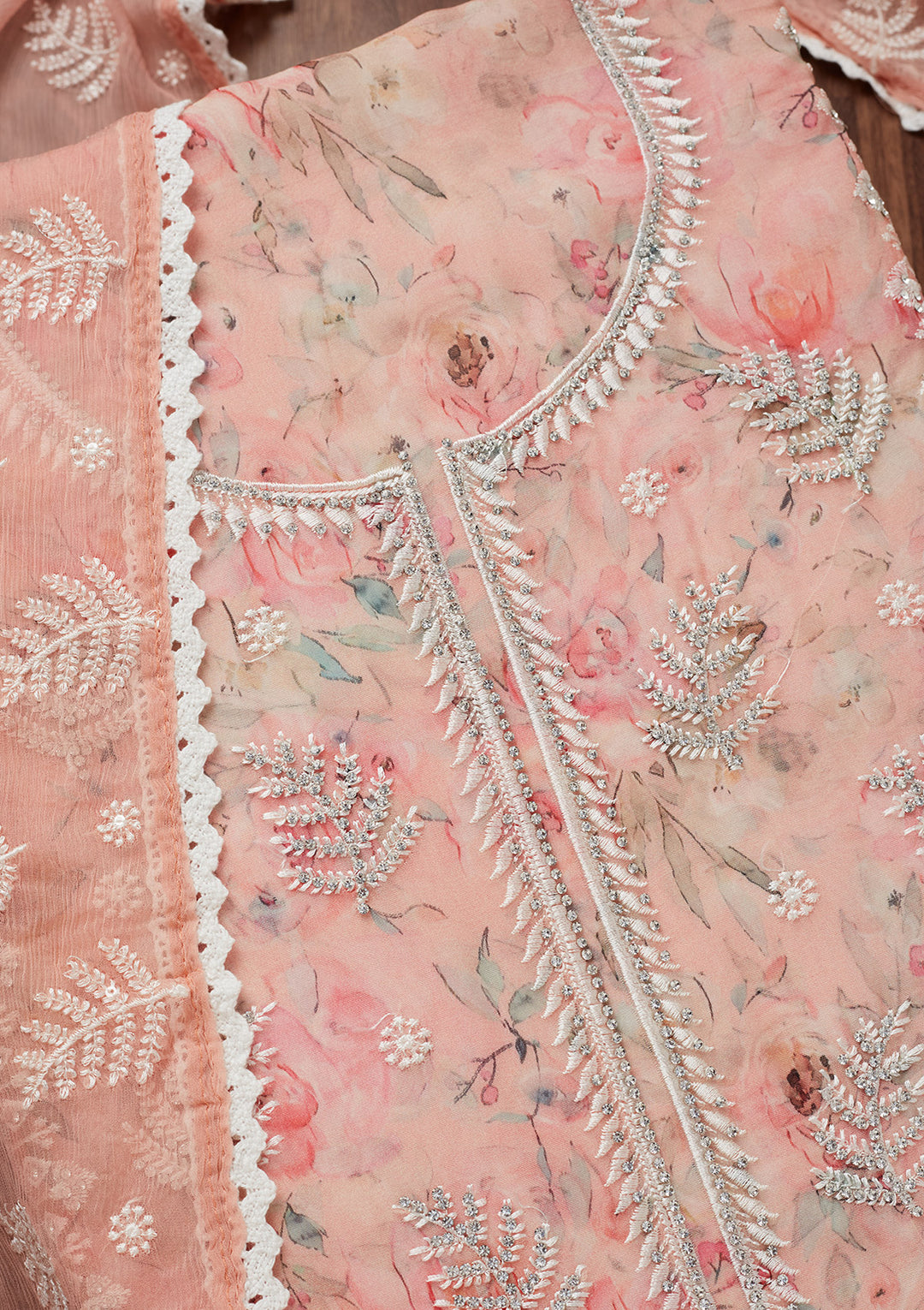 Peach Threadwork Georgette Unstitched Salwar Suit