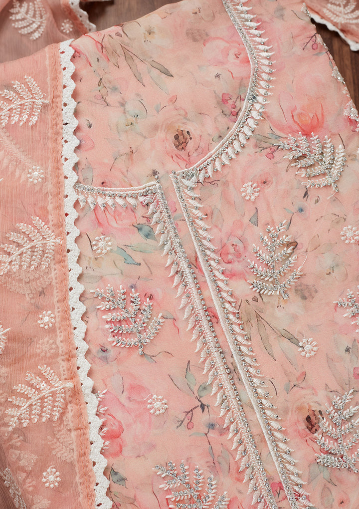 Peach Threadwork Georgette Unstitched Salwar Suit