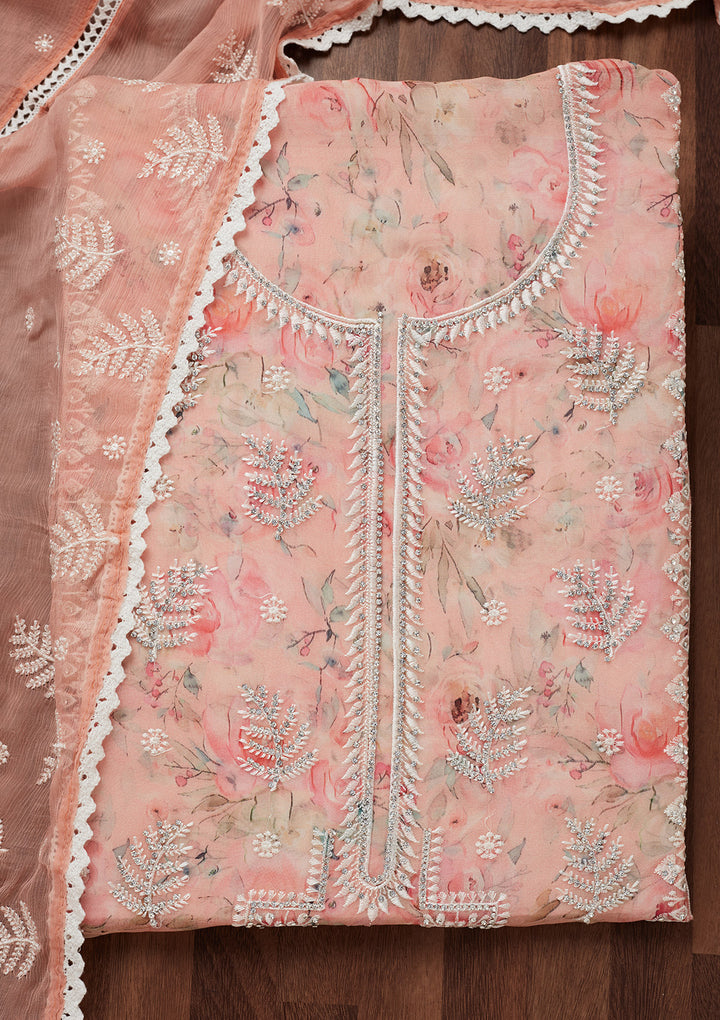 Peach Threadwork Georgette Unstitched Salwar Suit