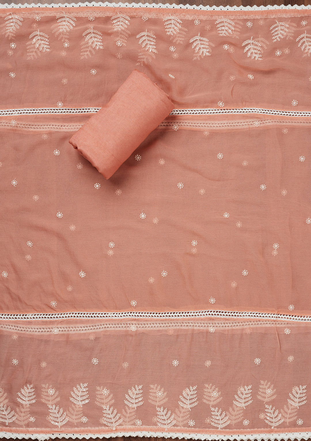 Peach Threadwork Georgette Unstitched Salwar Suit