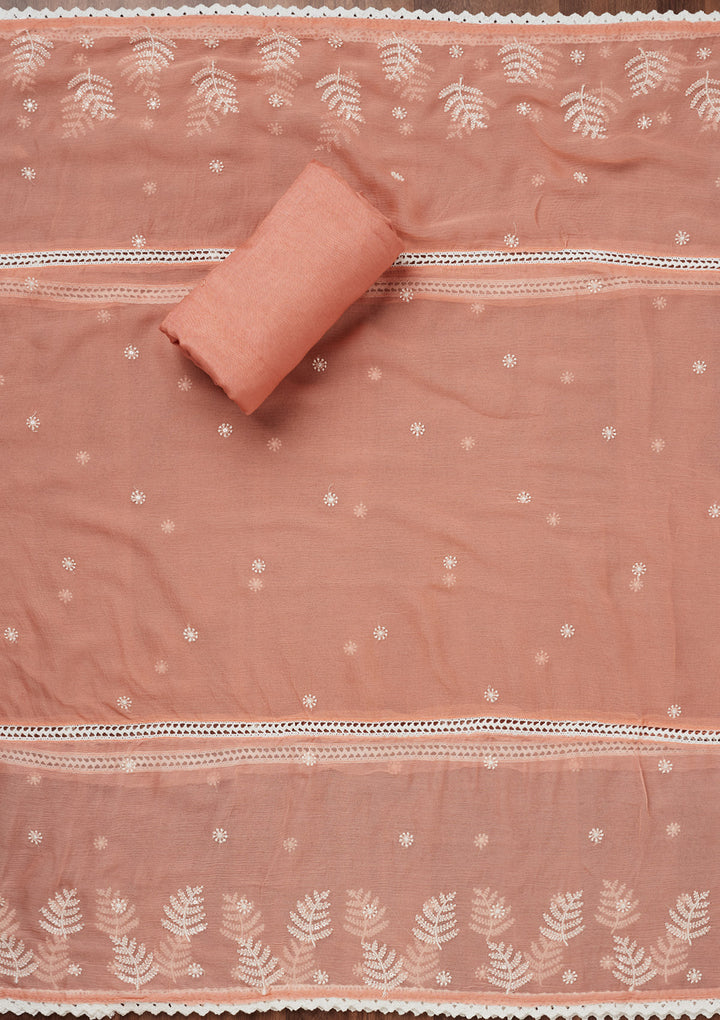 Peach Threadwork Georgette Unstitched Salwar Suit