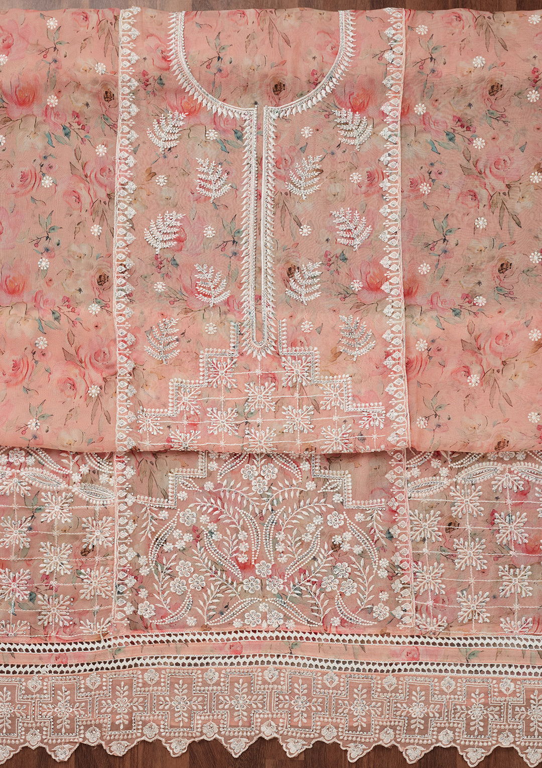 Peach Threadwork Georgette Unstitched Salwar Suit