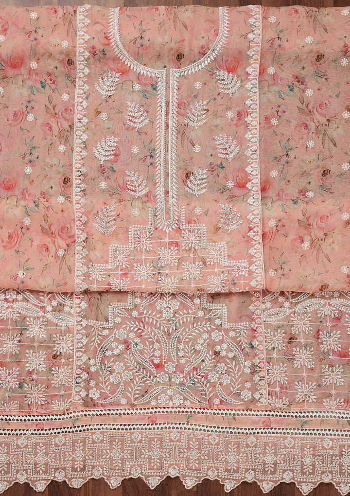 Peach Threadwork Georgette Unstitched Salwar Suit