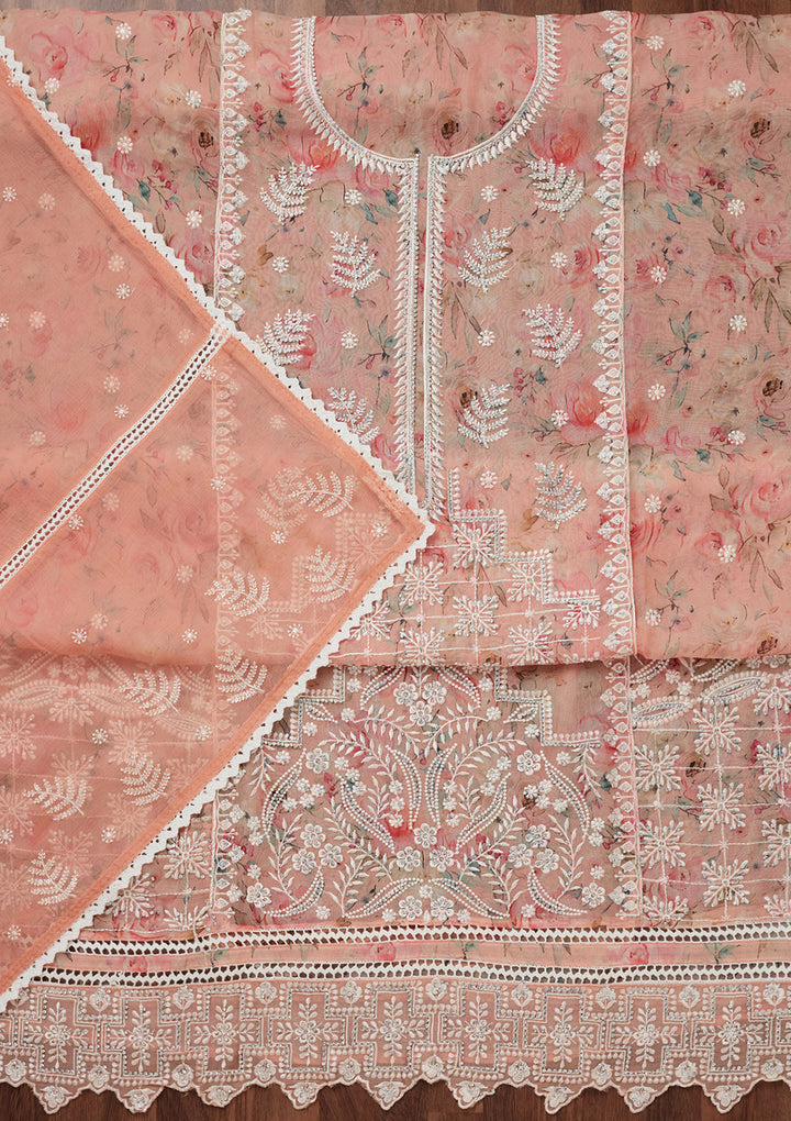 Peach Threadwork Georgette Unstitched Salwar Suit