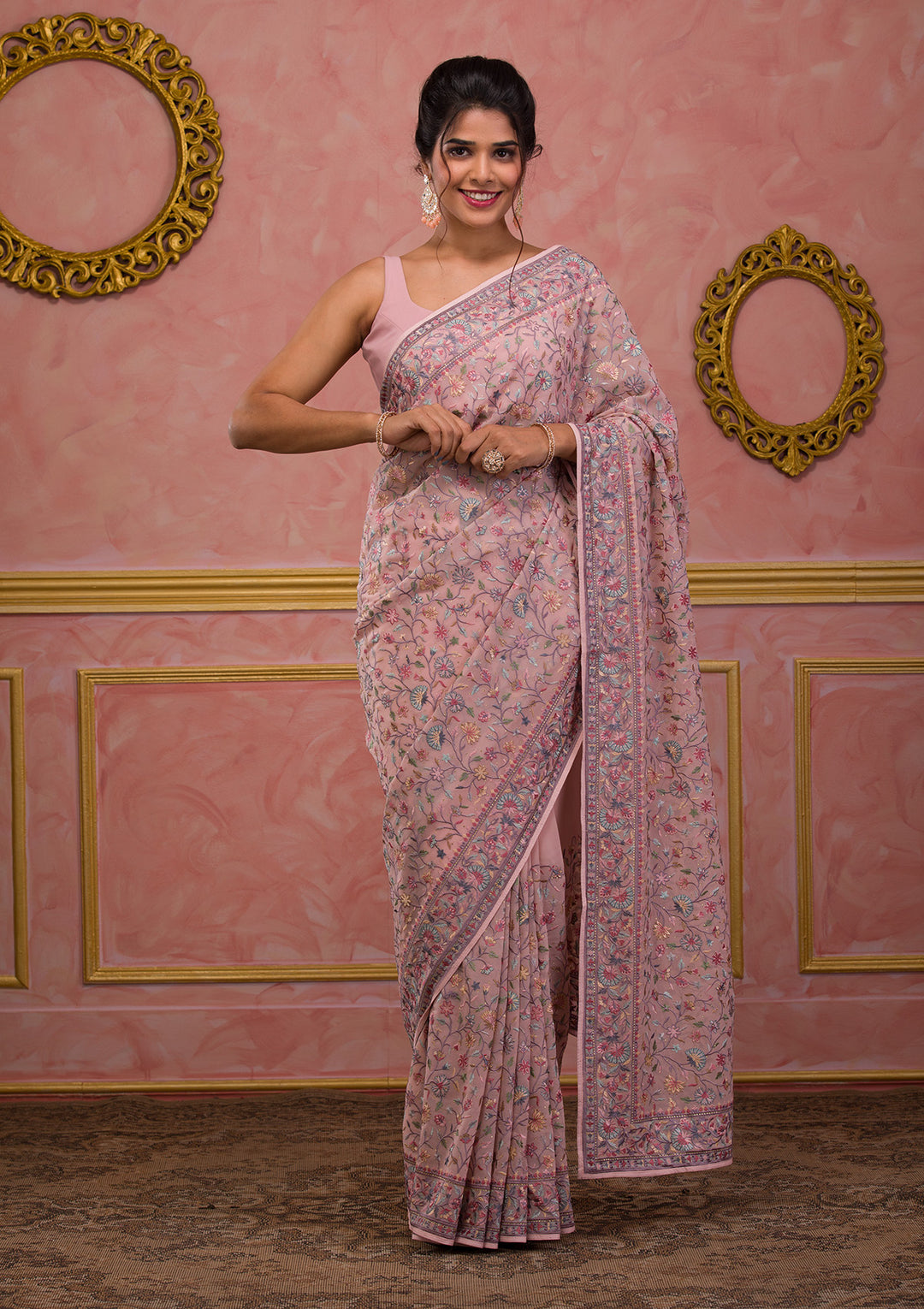 Peach Threadwork Georgette Saree