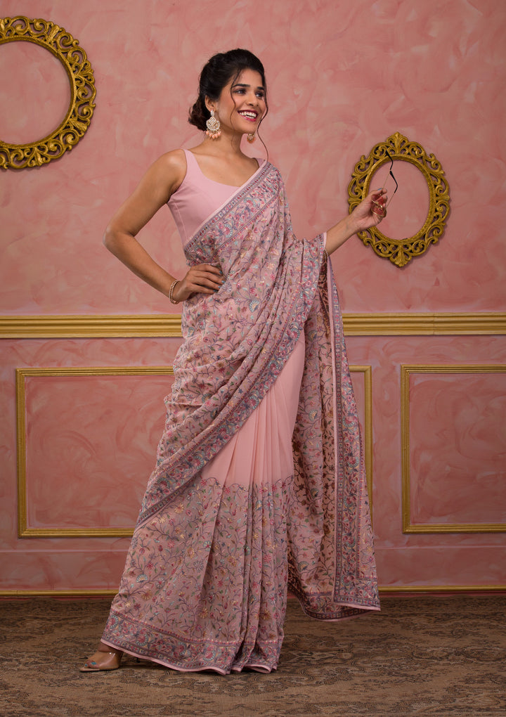 Peach Threadwork Georgette Saree-Koskii