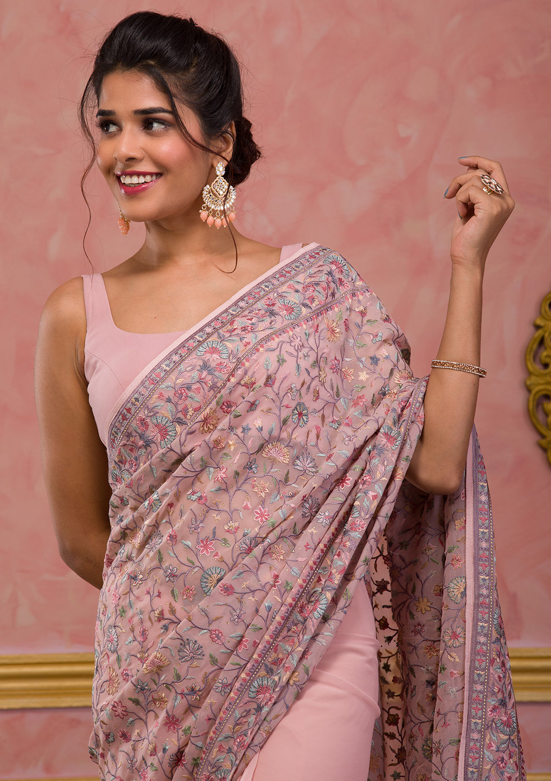 Peach Threadwork Georgette Saree