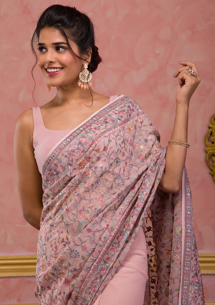 Peach Threadwork Georgette Saree