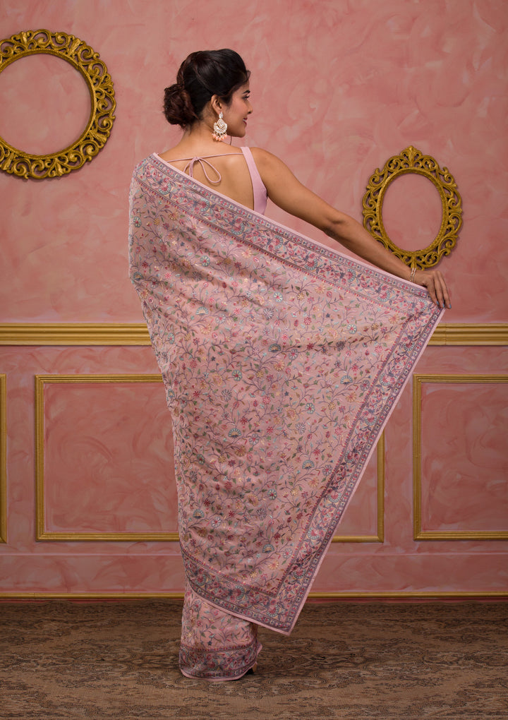 Peach Threadwork Georgette Saree