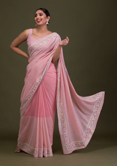 Peach Threadwork Georgette Saree-Koskii