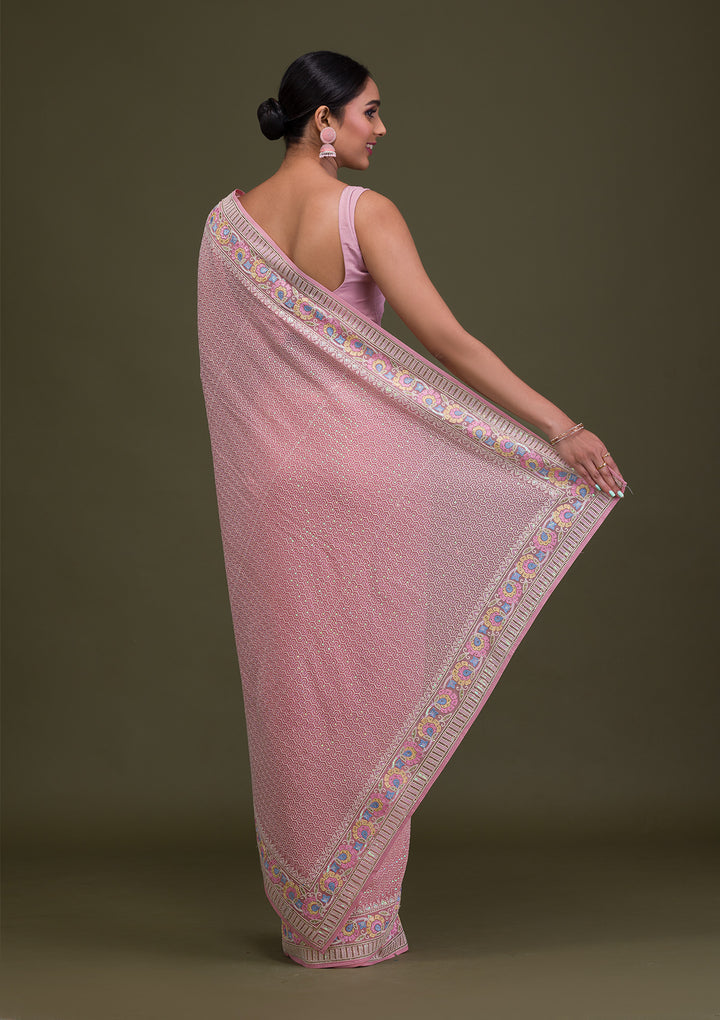 Peach Threadwork Georgette Saree