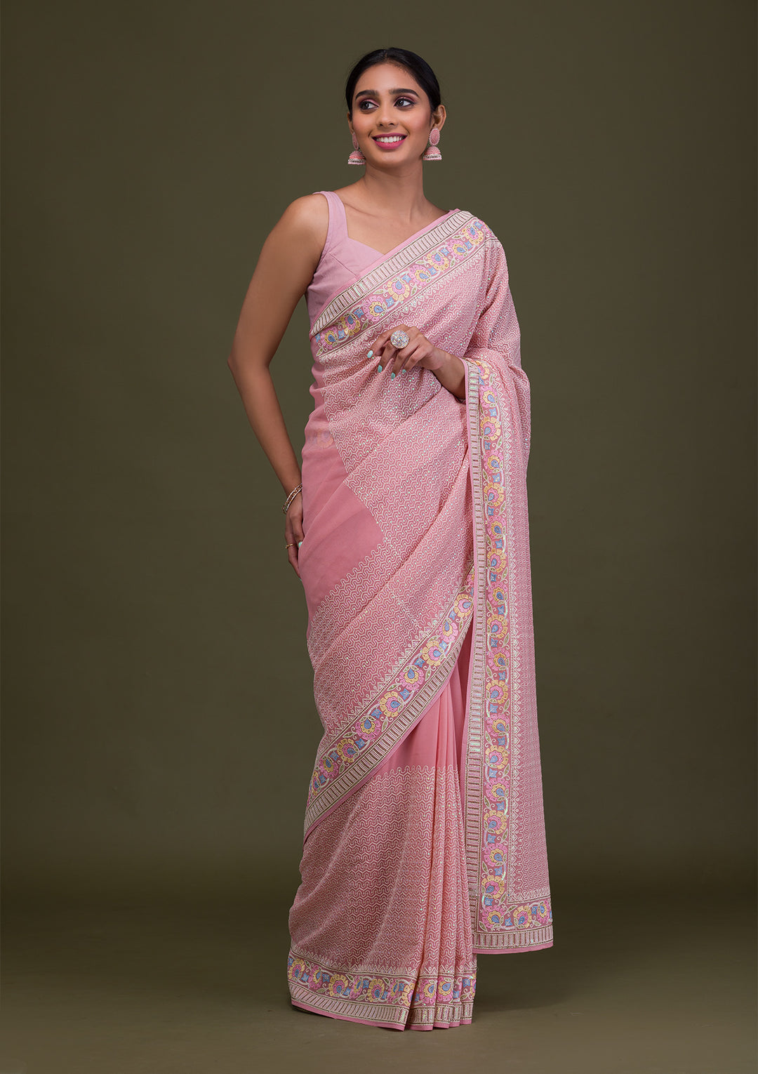 Peach Threadwork Georgette Saree