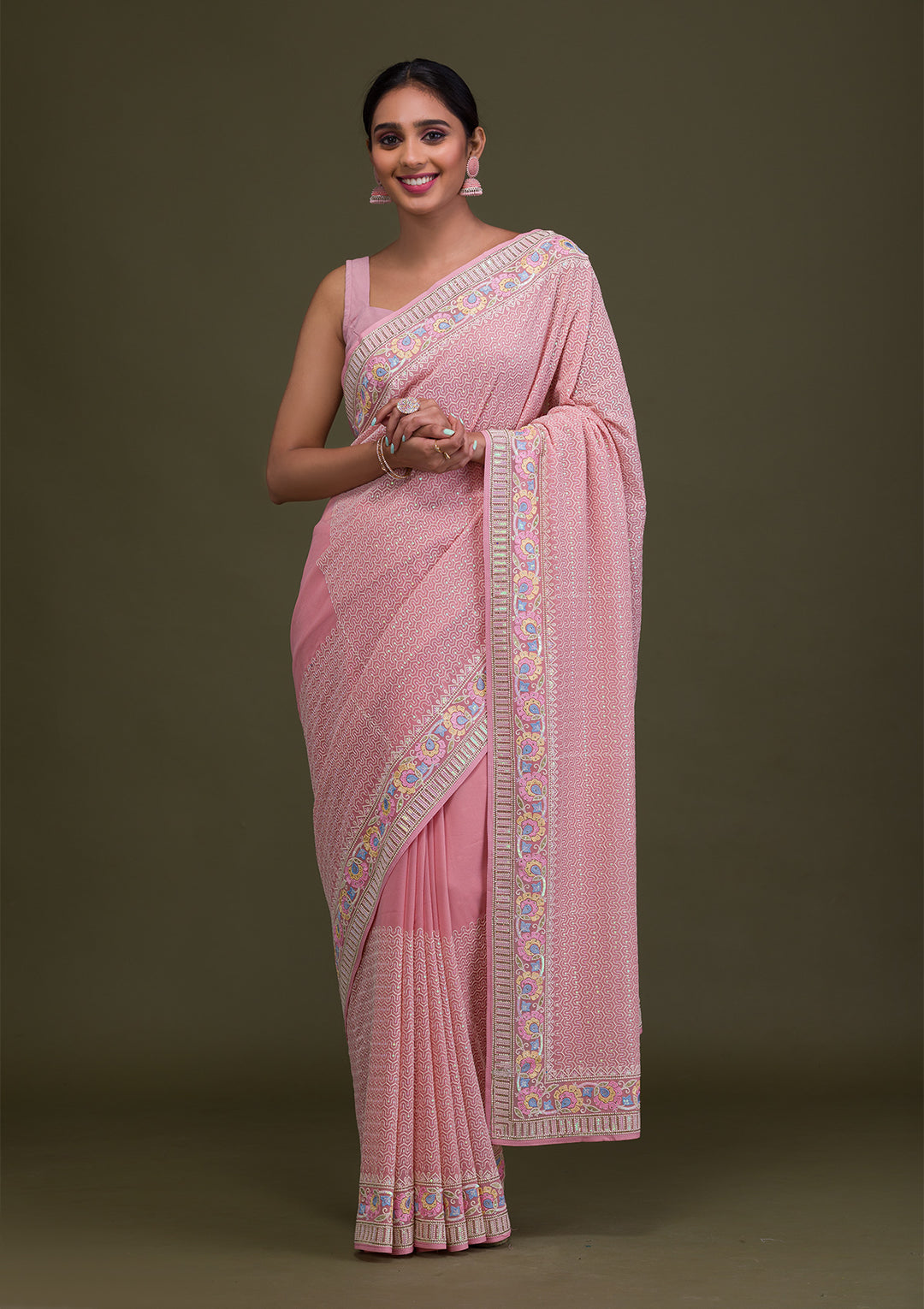 Peach Threadwork Georgette Saree