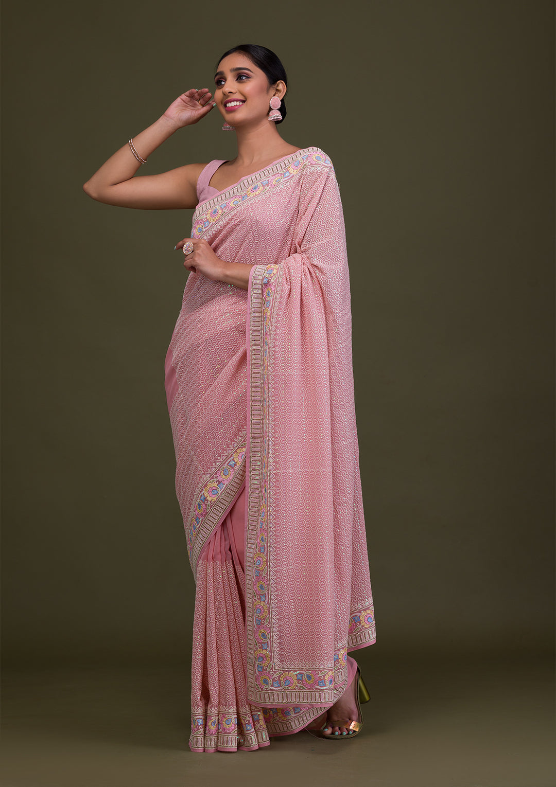 Peach Threadwork Georgette Saree