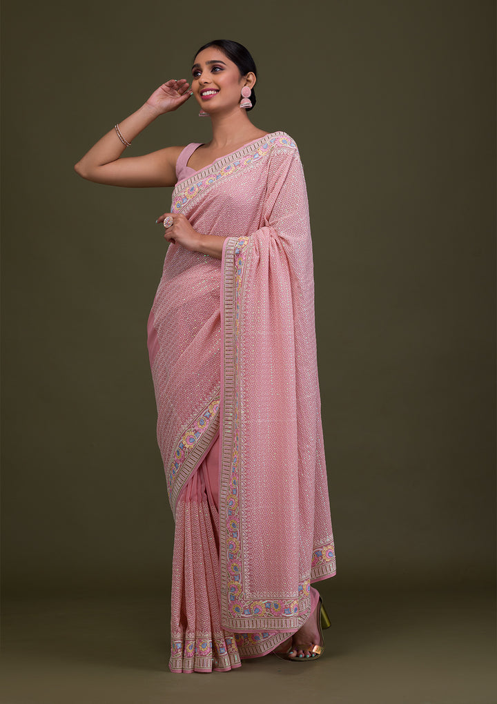 Peach Threadwork Georgette Saree