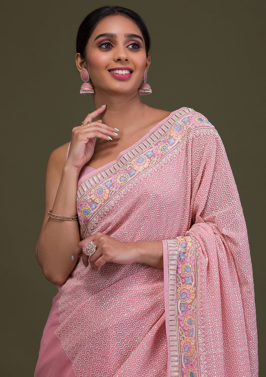 Peach Threadwork Georgette Saree