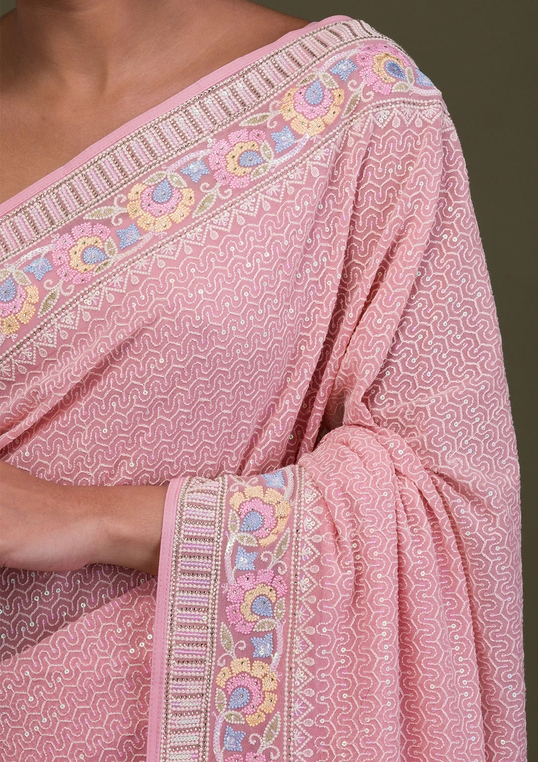 Peach Threadwork Georgette Saree