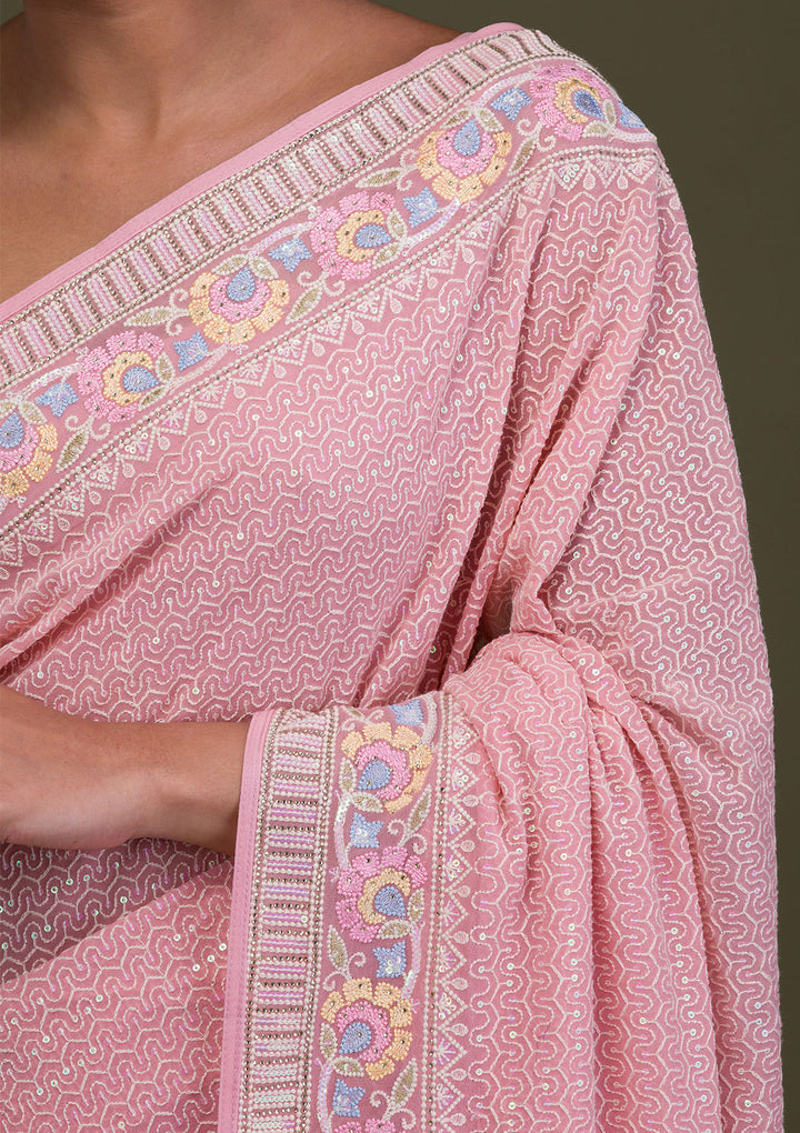 Peach Threadwork Georgette Saree