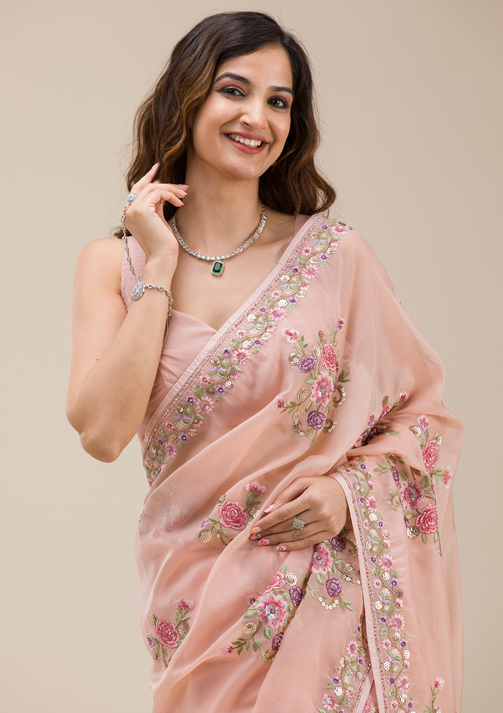 Peach Threadwork Organza Saree