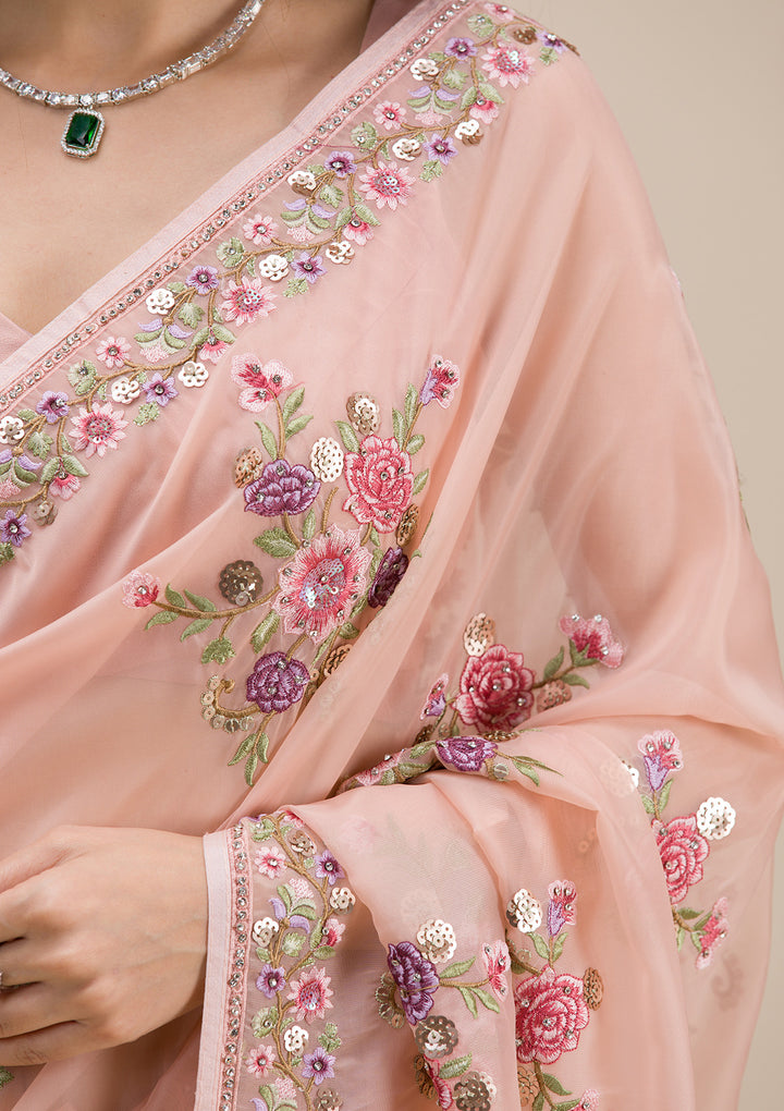 Peach Threadwork Organza Saree