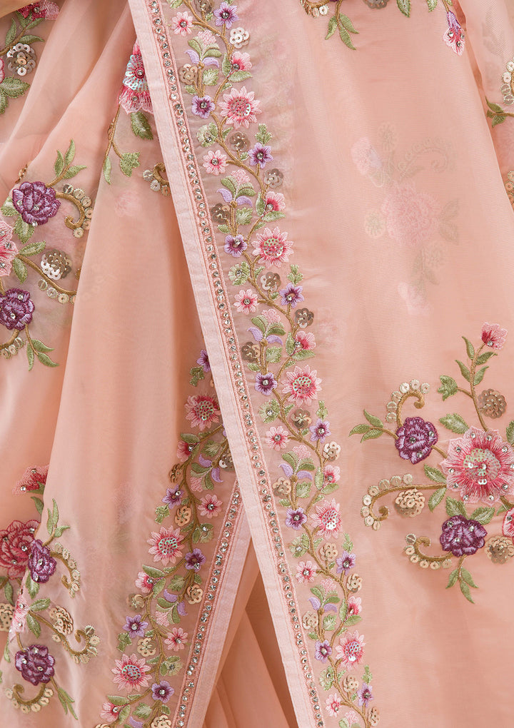 Peach Threadwork Organza Saree