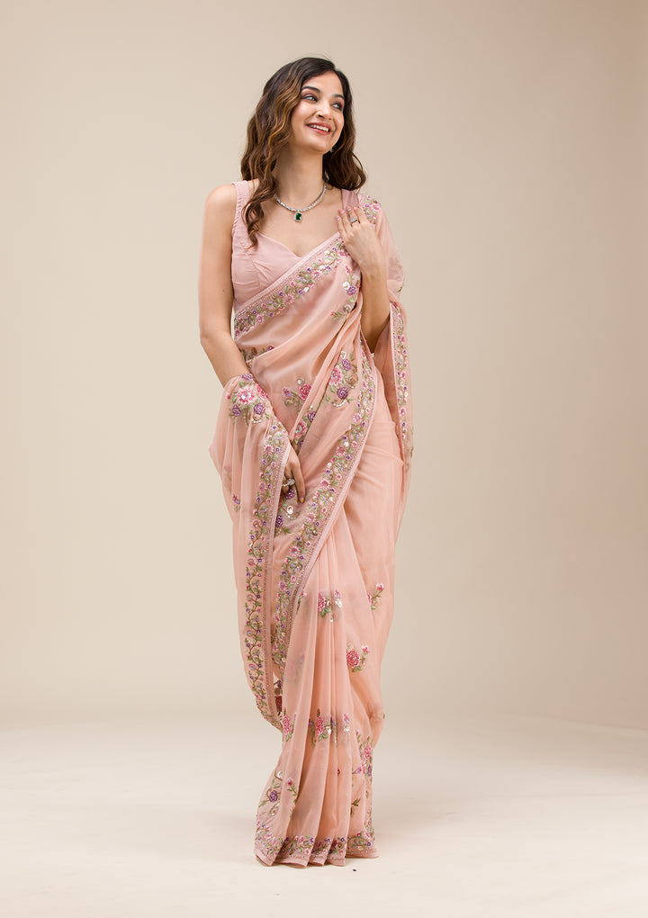 Peach Threadwork Organza Saree