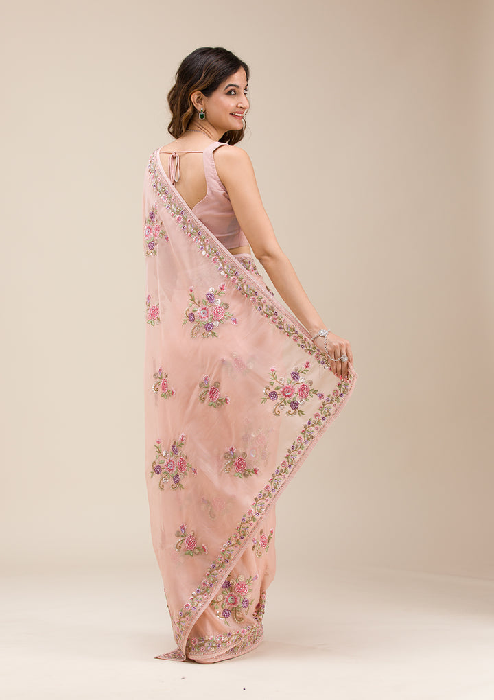 Peach Threadwork Organza Saree