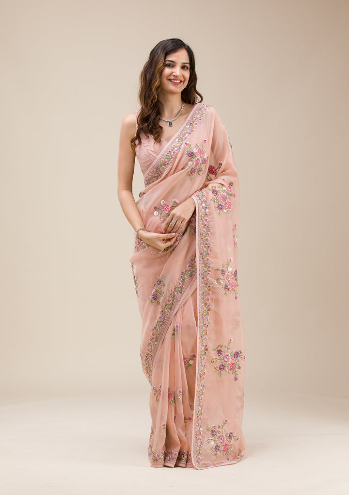 Peach Threadwork Organza Saree