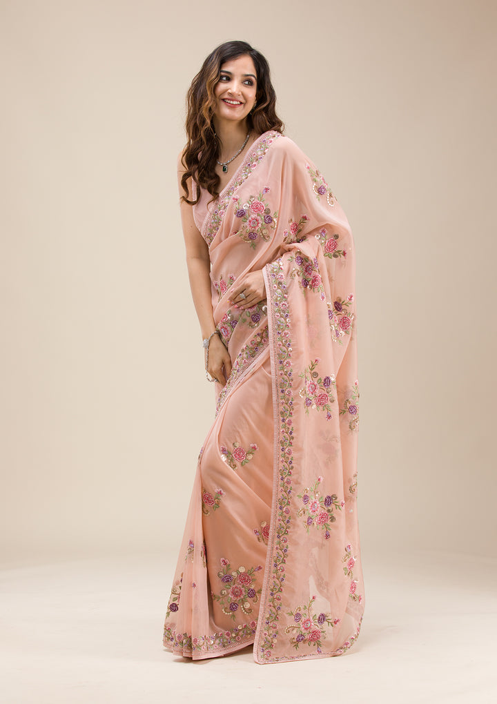 Peach Threadwork Organza Saree