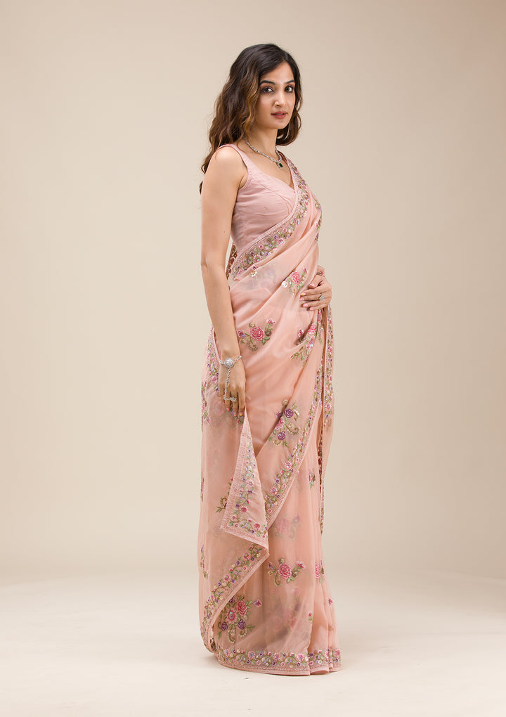 Peach Threadwork Organza Saree