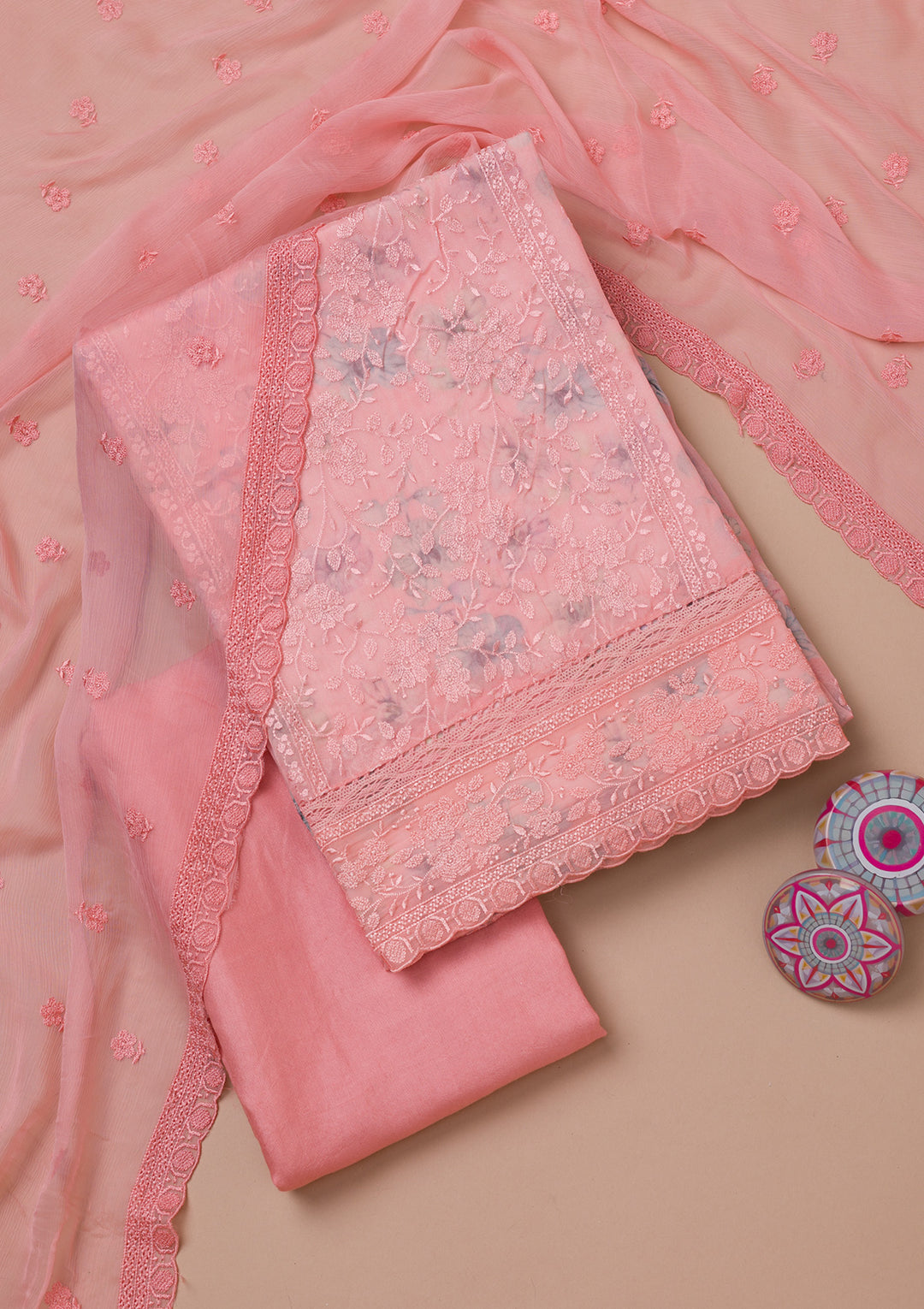 Peach Threadwork Organza Unstitched Salwar Suit