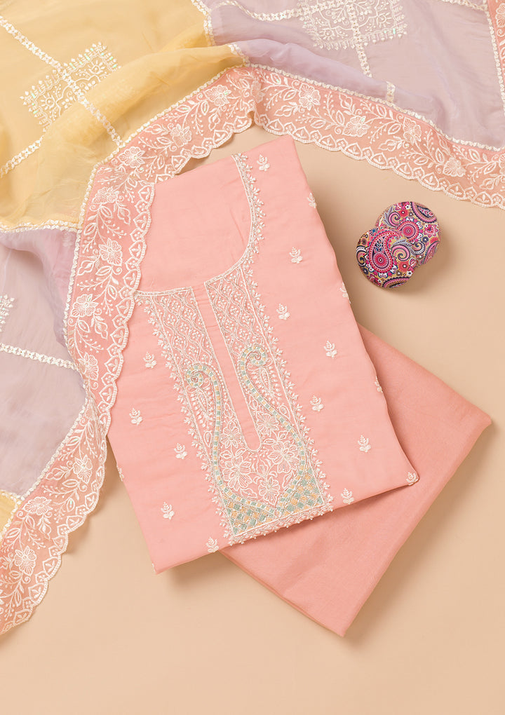 Peach Threadwork Organza Unstitched Salwar Suit