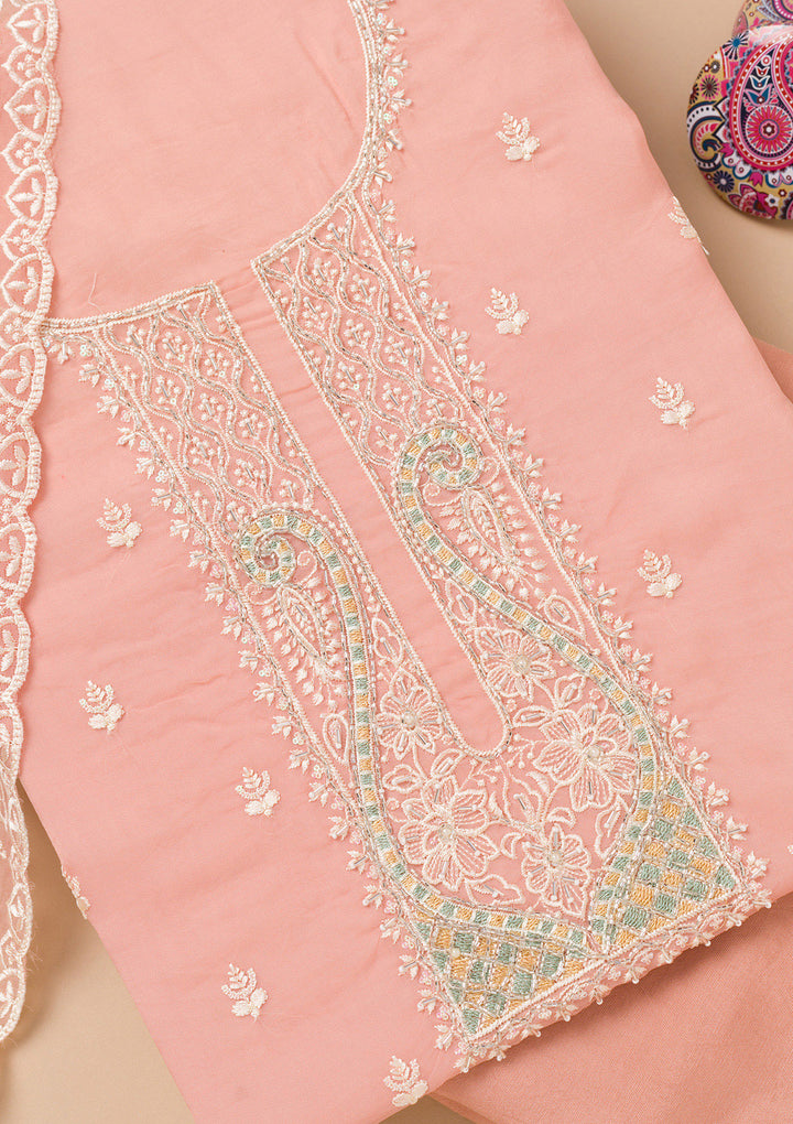 Peach Threadwork Organza Unstitched Salwar Suit