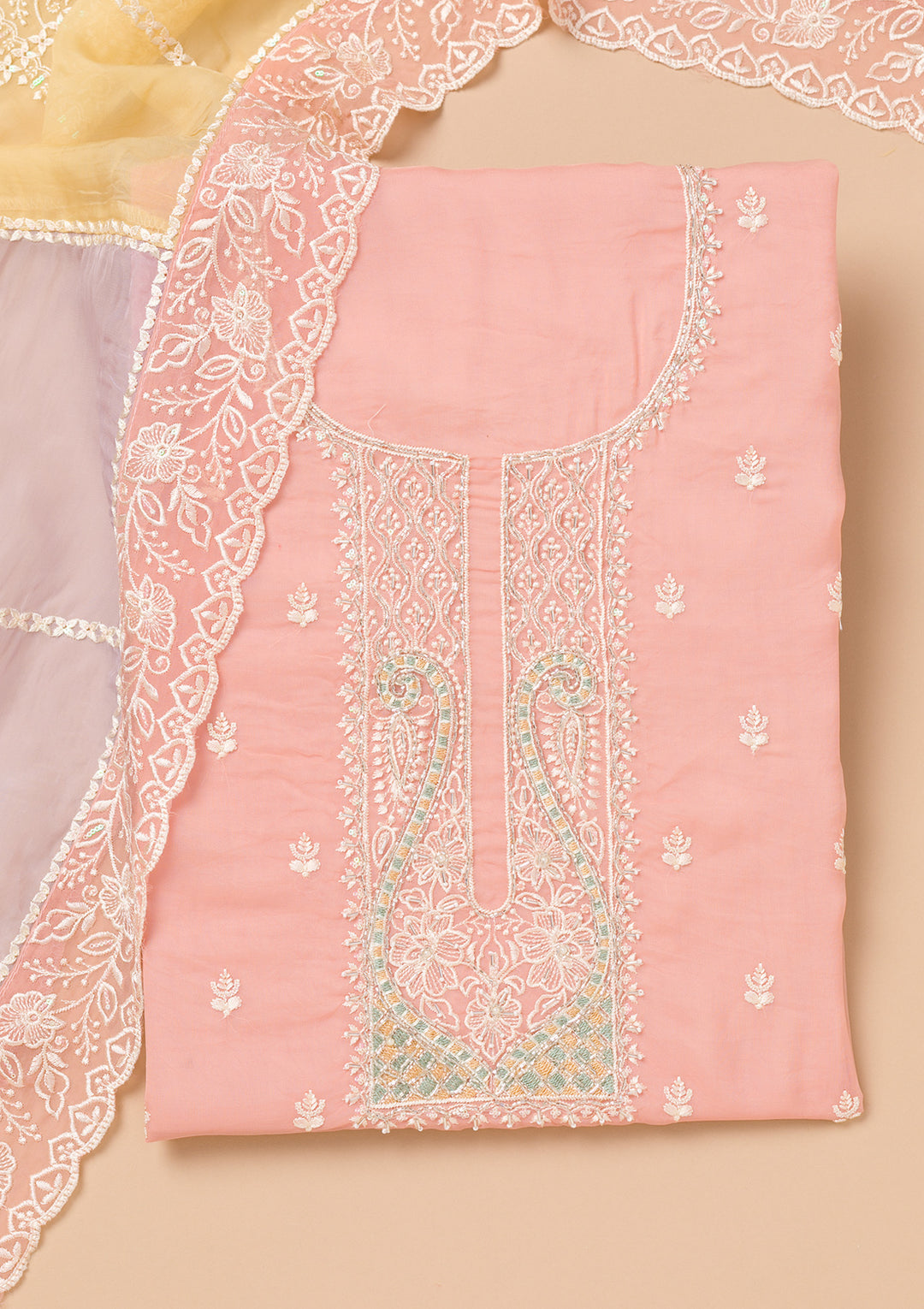 Peach Threadwork Organza Unstitched Salwar Suit