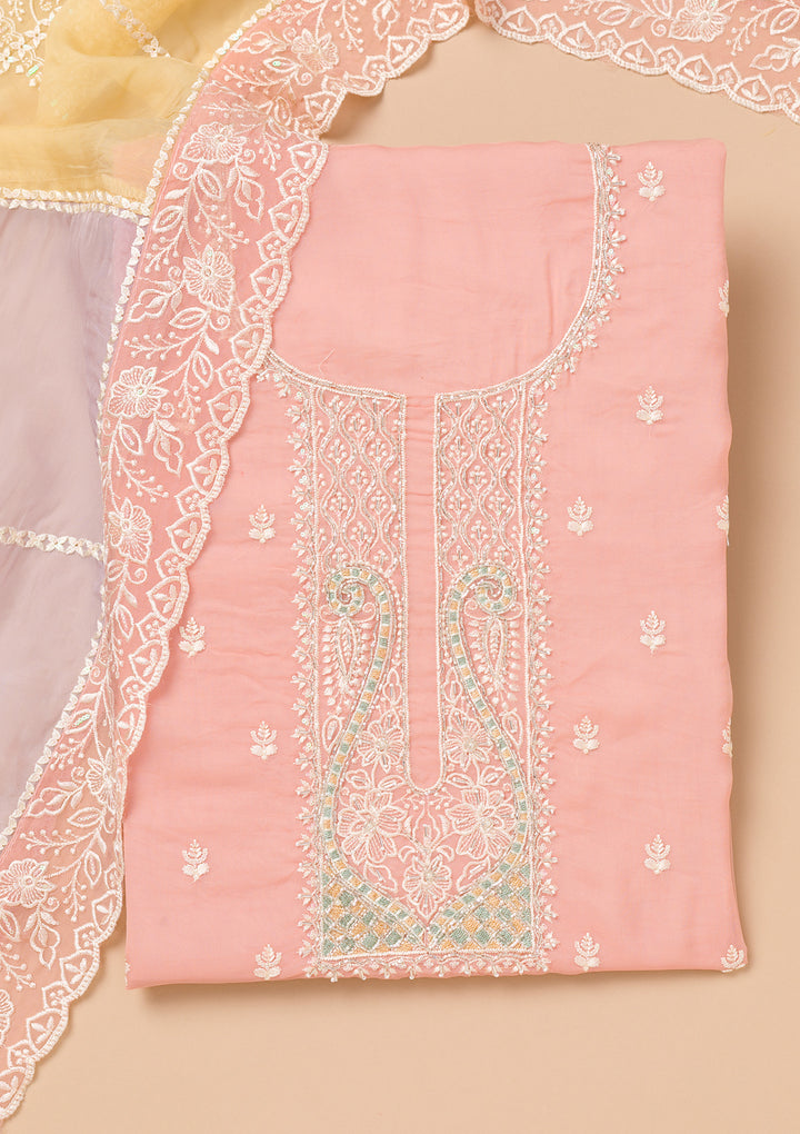 Peach Threadwork Organza Unstitched Salwar Suit