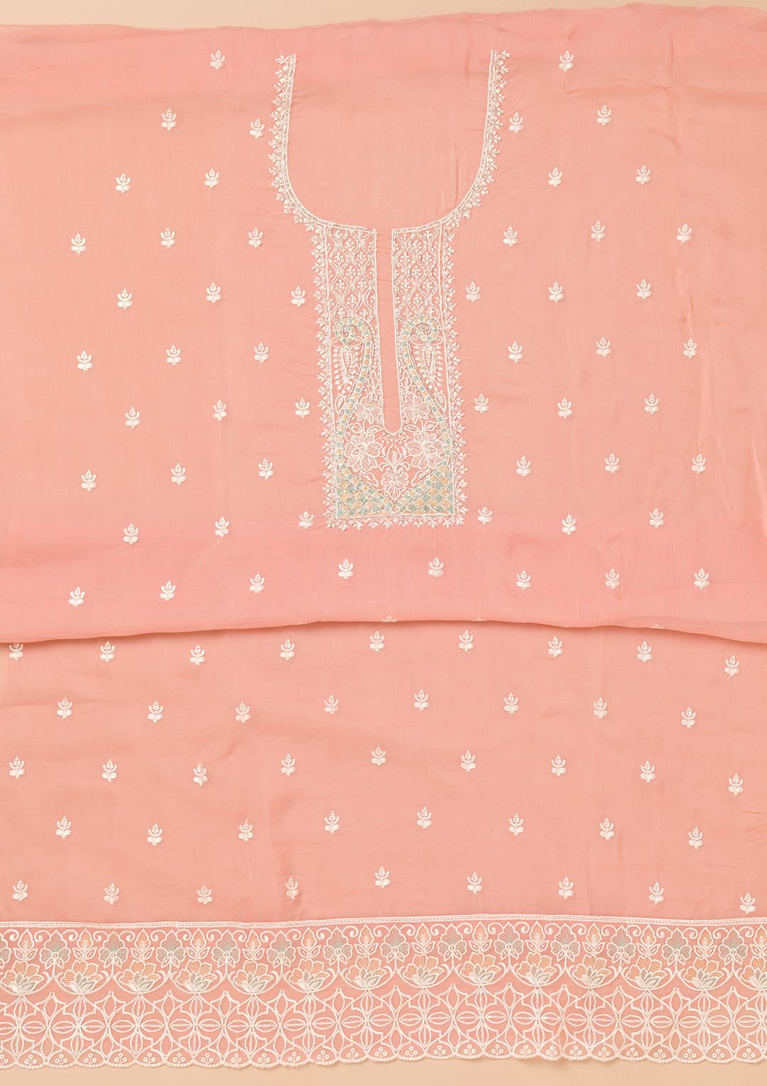 Peach Threadwork Organza Unstitched Salwar Suit
